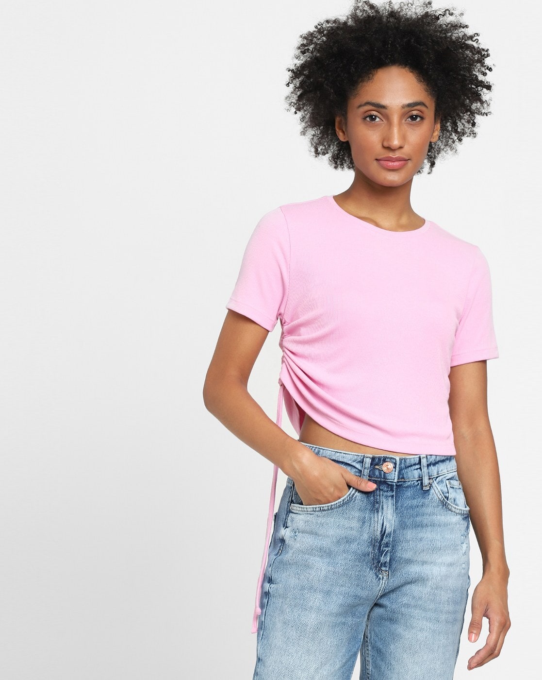 Candy Pink Basic Cotton Fitted Crew Neck T Shirt