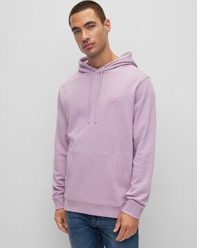 BOSS French Terry Cotton Hooded Sweatshirt with Logo Patch For Men (Purple, L)