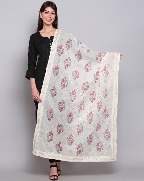 Floral Print Dupatta with Lace Border Price in India