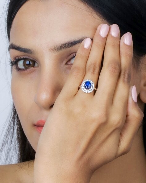 Shop Blue Sapphire & Diamond 18K White Gold Ring for Women | Gehna