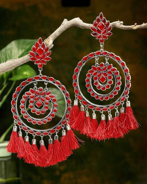 Retro Indian Ethnic Metal Tassel Beaded Pendant Jewelry Long Dangle Hoop  Jhumka Style Temple Earrings
