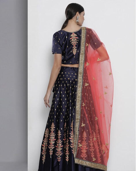 Embroidered Net Lehenga in Shaded Shaded Navy Blue and Peach : LXW619