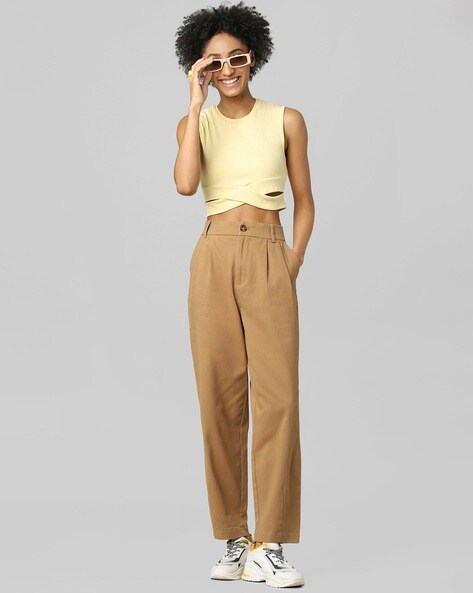 Trendsetting Aesthetic Brown Twill High Waisted Pants