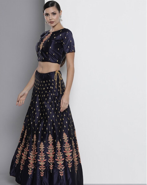 Navy Blue Festive Wear Thread with Sequence Embroidered Georgette Lehenga  Choli