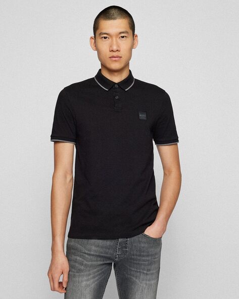 BOSS - Long-sleeved slim-fit polo shirt with logo patch