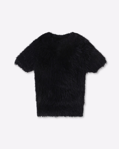 Black faux outlet fur sleeve jumper