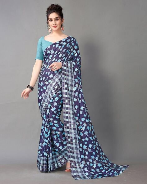 Buy Midnight Blue Abstract Print Saree With Blouse by Designer Varun Bahl  Online at Ogaan.com