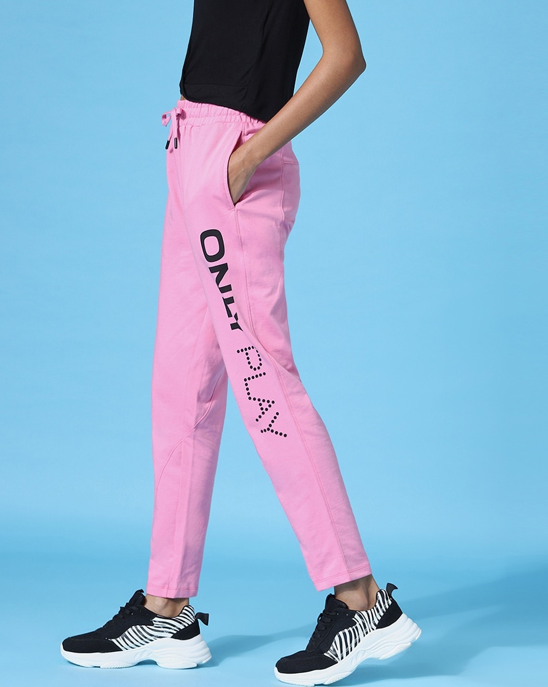 Women Brand Print Straight Track Pants with Drawstring Waist