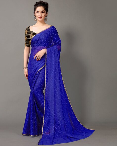 Plain royal blue saree | Designer saree blouse patterns, Saree look,  Elegant saree