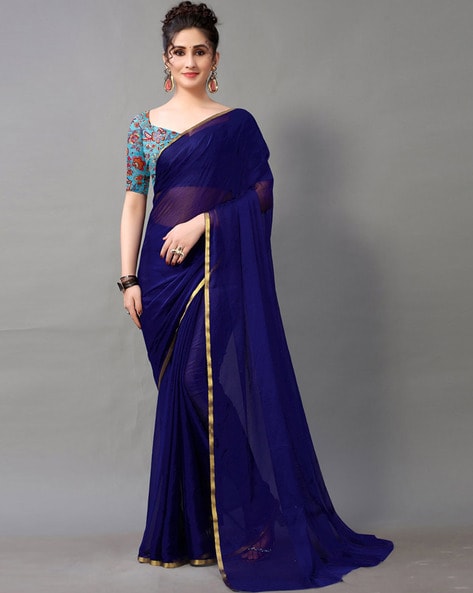 Navy Blue Satin Plain Party Saree