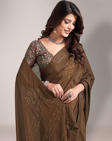 Brown plain body georgette designer saree with contrast Burgundy color  border & blouse of sequin work & embroidery