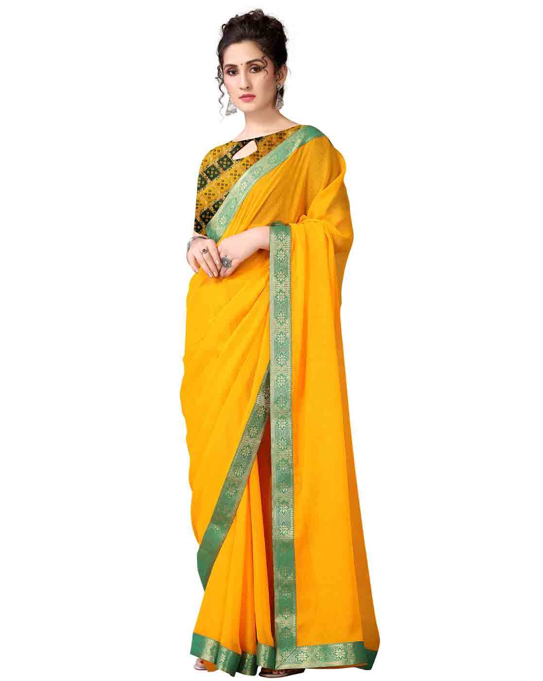 Embroidered Chiffon Shimmer Saree in Yellow : SPF9090