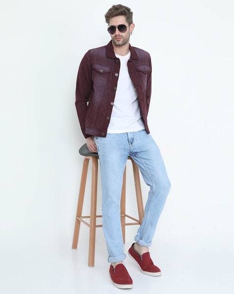 Burgundy jean outlet jacket mens