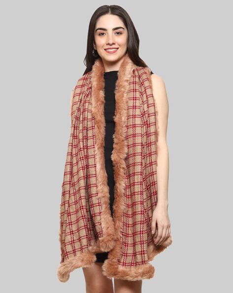 Checked Stole with Fux-Fur Trim Price in India