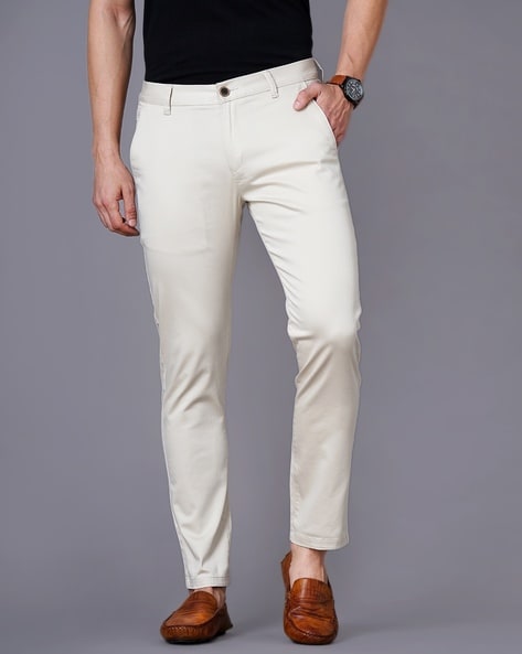 Men White Smart Tapered Fit Solid Formal Trousers  dennisonfashionindia