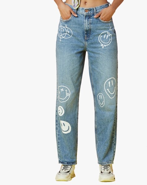 Only Smiley Print Straight Fit Jeans