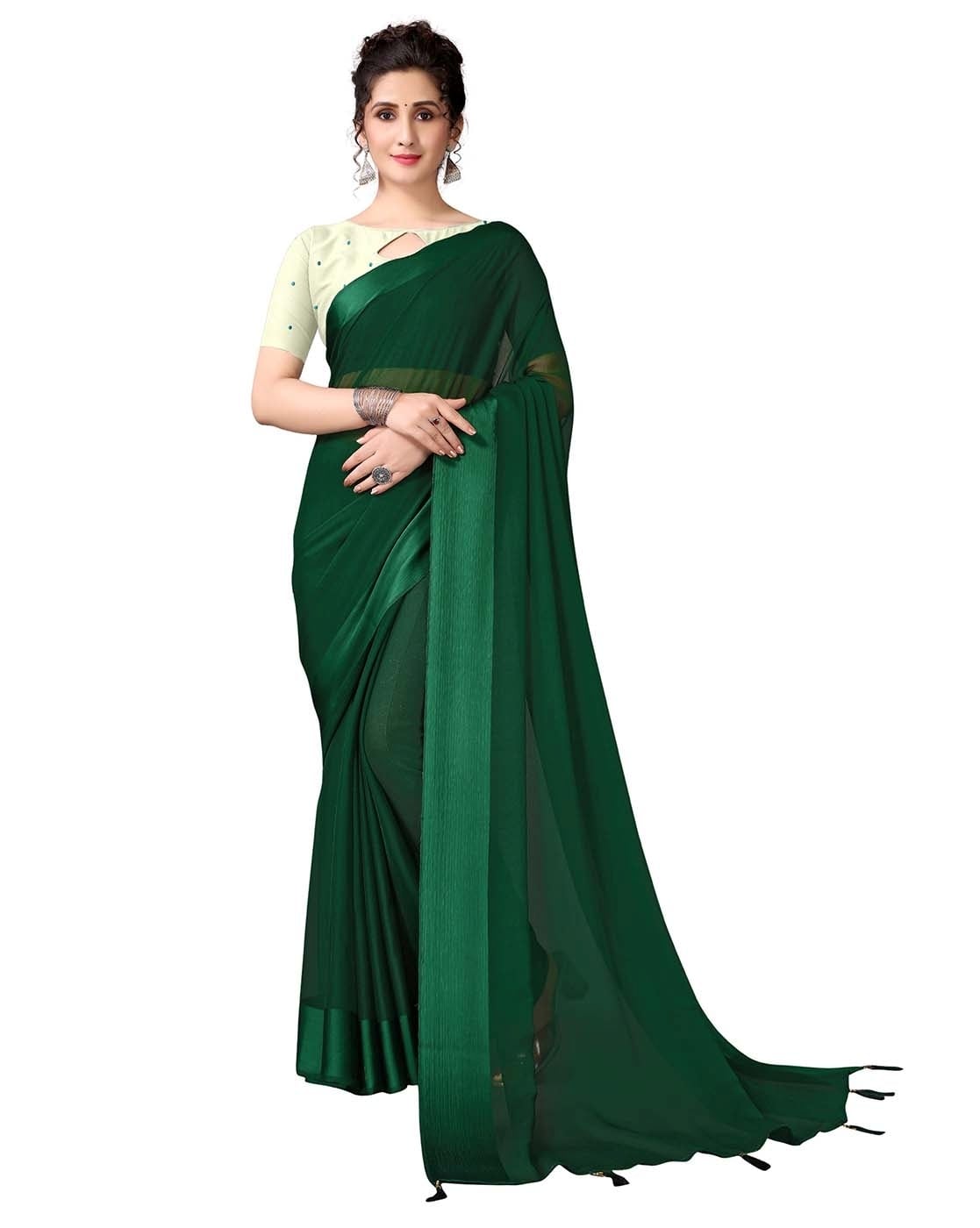 Buy online Women's Solid Green Colored Saree With Blouse from ethnic wear  for Women by Shaily for ₹700 at 73% off
