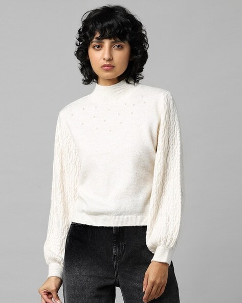 Cable-Knit High-Neck Pullover