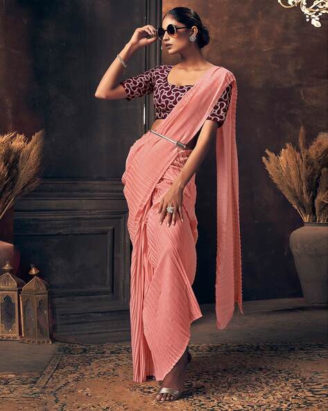 Buy Peach Short Sleeve Stone Work Plus Size Sarees Online for Women in USA