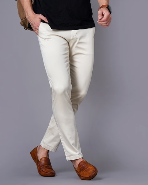 Men Cream Slim Fit Solid Flat Front Formal Trousers