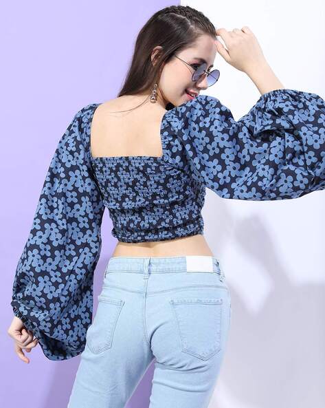 Buy Women Blue Striped Floral Flare Sleeve Crop Top Online At Best Price 