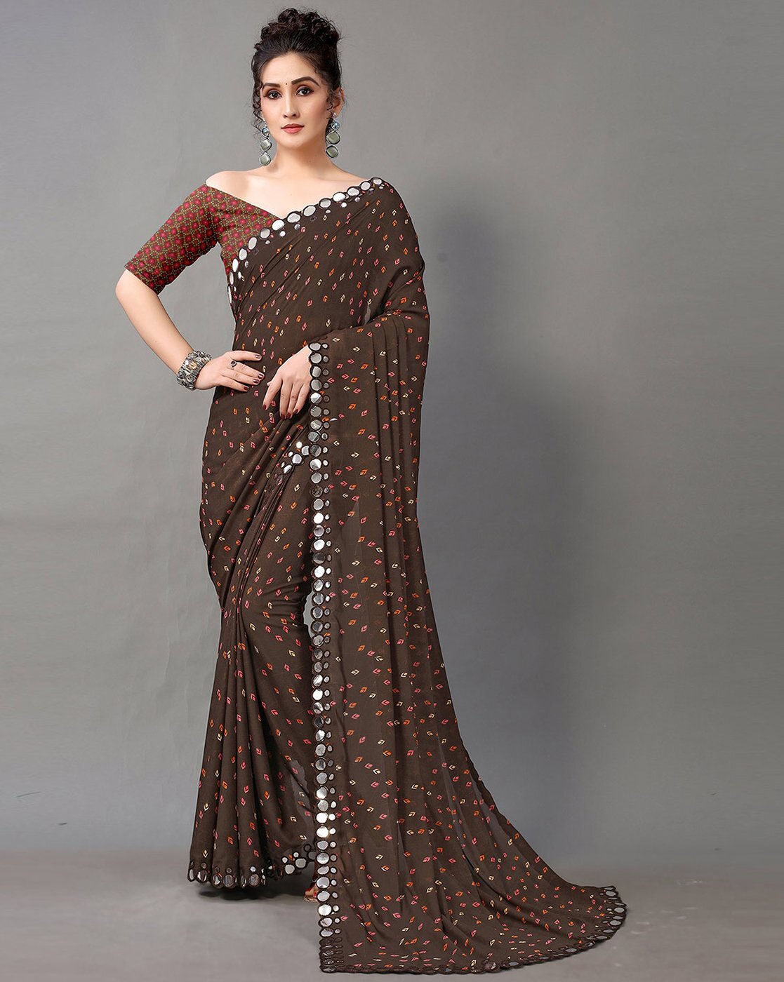 Chocolate Georgette Saree with Floral Pattern - Shafalie's Fashions