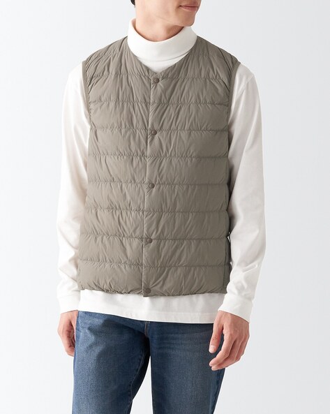 Collarless down store vest