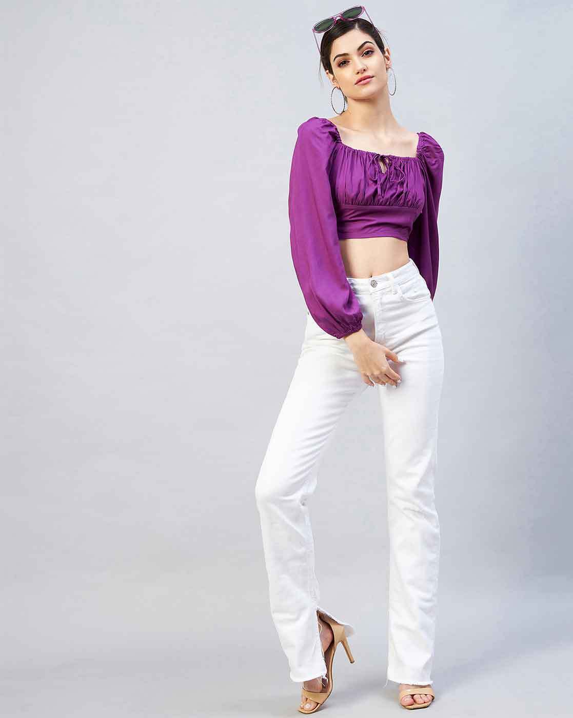 Buy Purple Crop Top With Balloon Sleeves And Gathered Bust for Women Online  in India