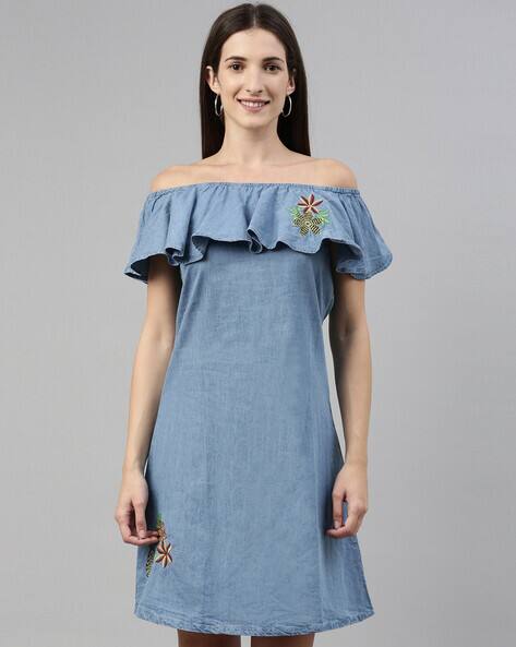 Floral Embroidered Off-Shoulder A-line Dress