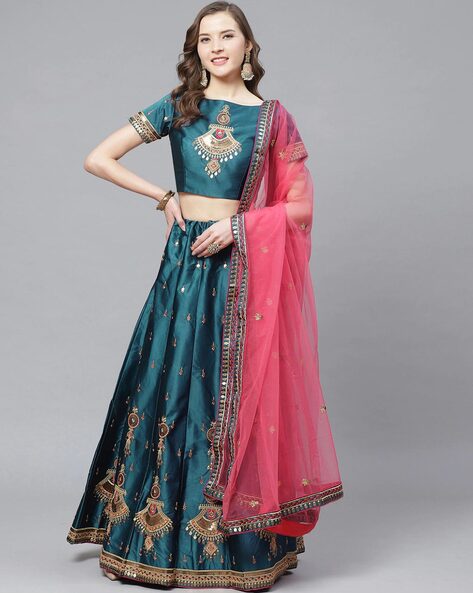 Buy Blue Semi Stitched Banarasi Lehenga Choli Embroidered Floral Work and  Pink Dupatta Online | trendwati