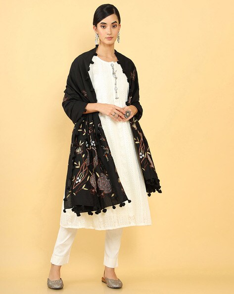 Floral Embroidered Dupatta with Pom-Pom Trim Price in India