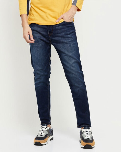 men washed straight leg jeans