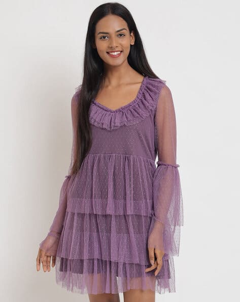 Buy LISETTE Lace Fit & Flare Dress with Ruffles Online | Ajio.com