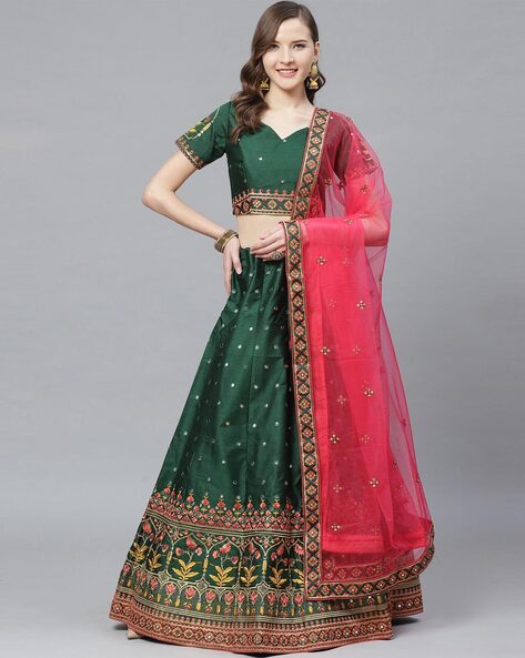 Buy Stunning Green Gamthi Work Dola Silk Lehenga Choli - Zeel CLothing