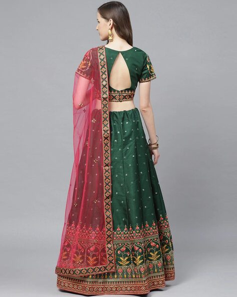 Buy Red & Peacock Green- Chiffon Semi Stitched Lehenga with zari brocade on  the skirt & Contrast Dupatta online | T. Nagar from ShrusEternity