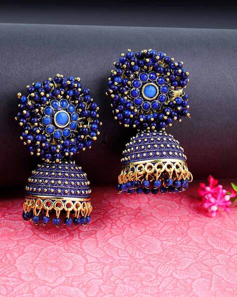 Antique Jimikki with Blue Stones, Indian Earrings, Fashion Jewelry