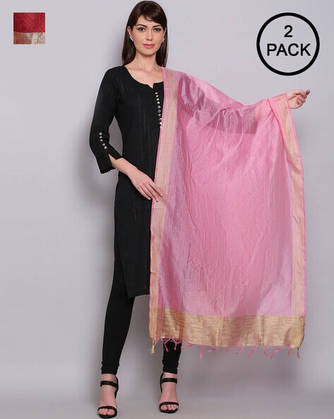 Pack of 2 Striped Dupattas with Tassels Price in India