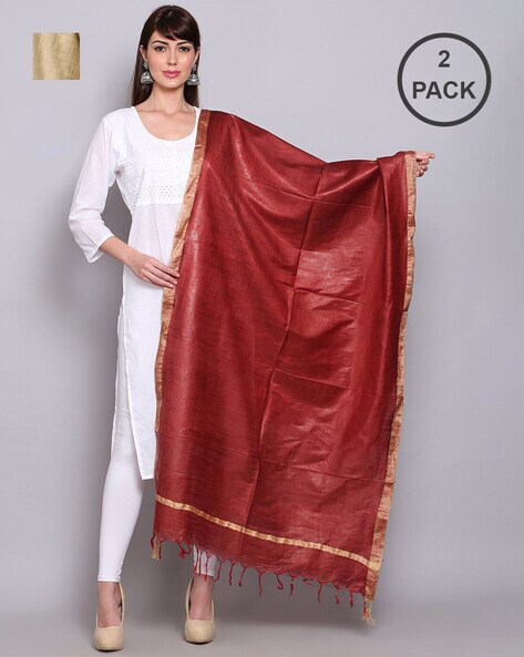 Pack of 2 Silk Dupattas with Tassels Price in India