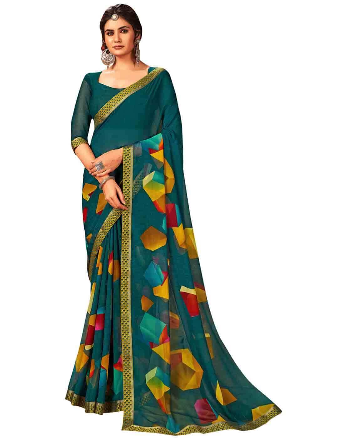 Blue Geometric Printed Chiffon Saree