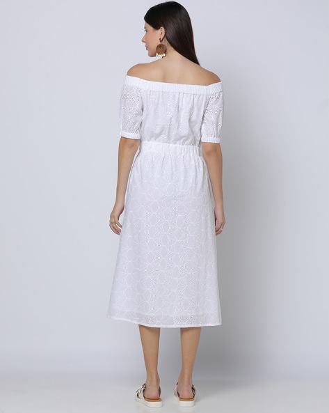 Off the shoulder fit and flare store midi dress