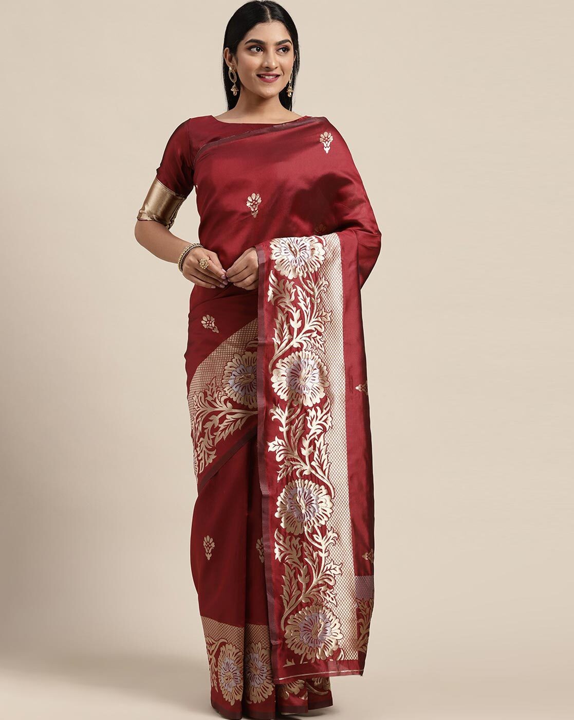 Dark maroon saree with silver black border - Sri Kumaran Stores