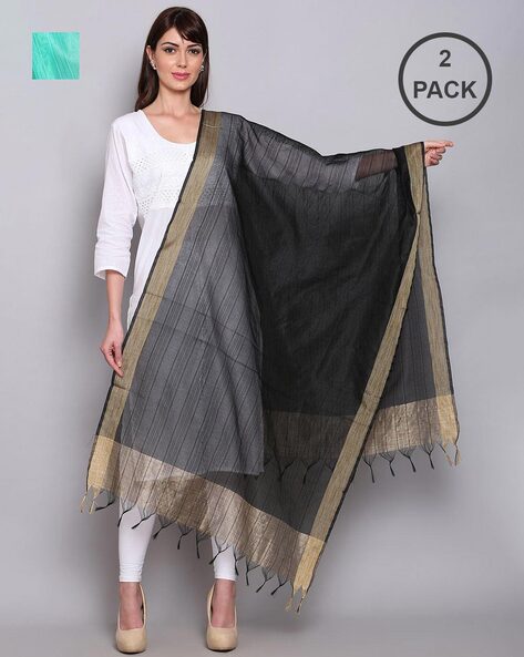 Pack of 2 Striped Dupattas with Tassels Price in India
