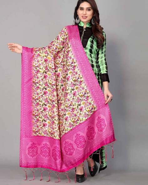 Floral Print Mysore Silk Dupatta with Tassels Price in India