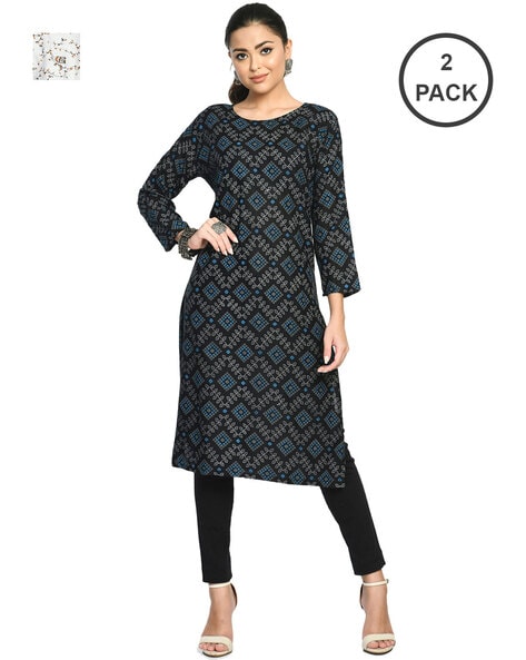 Stylish Pure Cotton Silk OM Printed Straight Kurti (Kurta) with Front Round  and Beautiful Back Neck Design for Girls Women Pack of 1 Black Color  (X-Small) : Amazon.in: Fashion