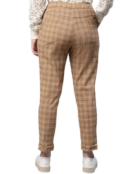 CHECKED HIGH WAISTED TROUSERS | Brown | VILA®