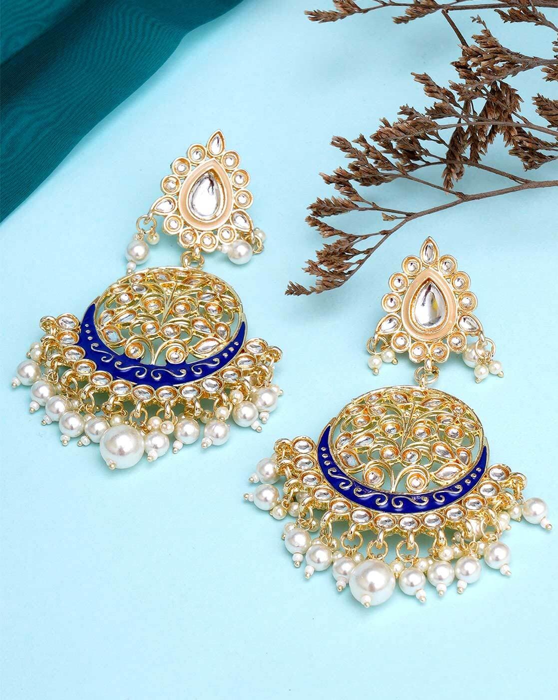 Buy Priyaasi Women Blue Kundan Pearls Gold Plated Jhumka Earrings Online at  Best Price | Distacart