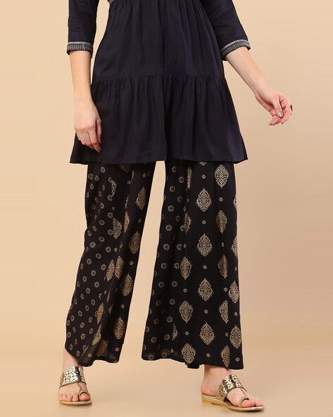 Black Taupe Paisley pattern soft stretchy wide leg palazzo trousers –  rockthosecurves