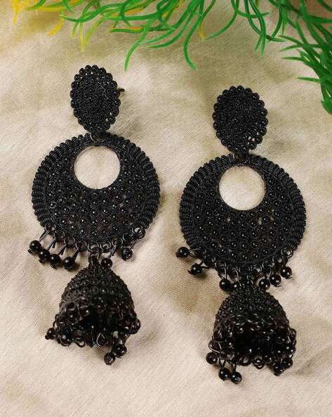 Buy OOMPH Jewellery Black Beads Studded Half Hoop Drop Earrings For Women &  Girls Online