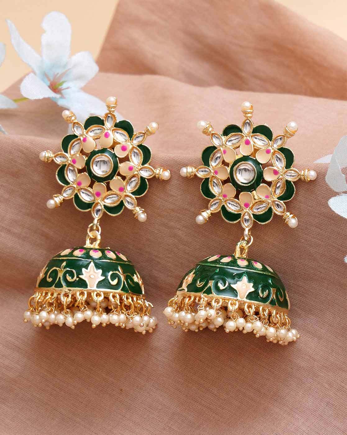 Green Jhumka with Red Pearl for Saree by FashionCrab