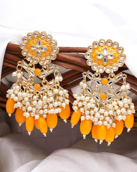 Buy Unique Orange Colour Single Stone Pear Shaped Gold Plated Small Earrings